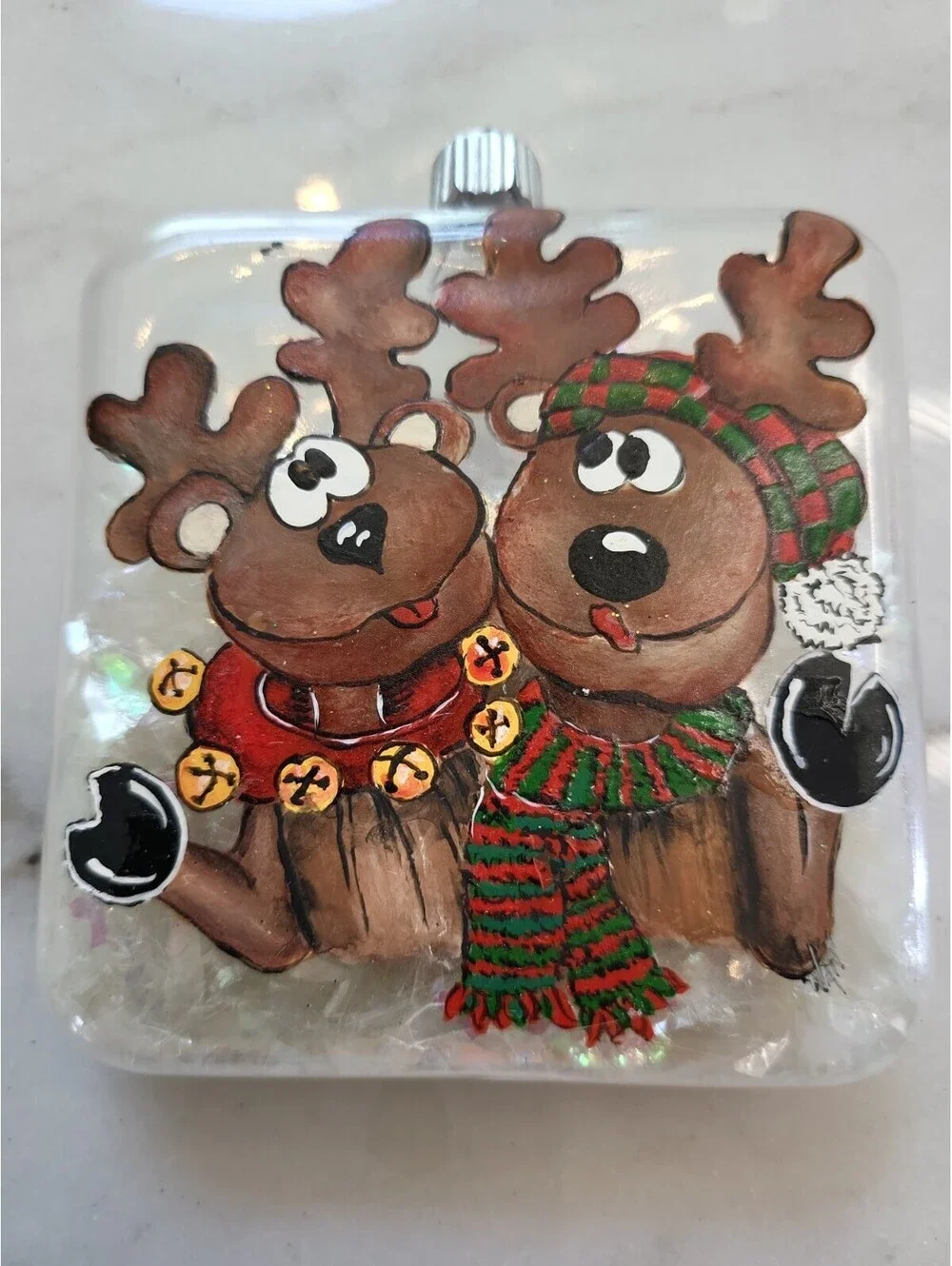 Vtg Glass Hand Painted Signed Ornament EUC Reindeers On Flask Glass 4” OOAK
